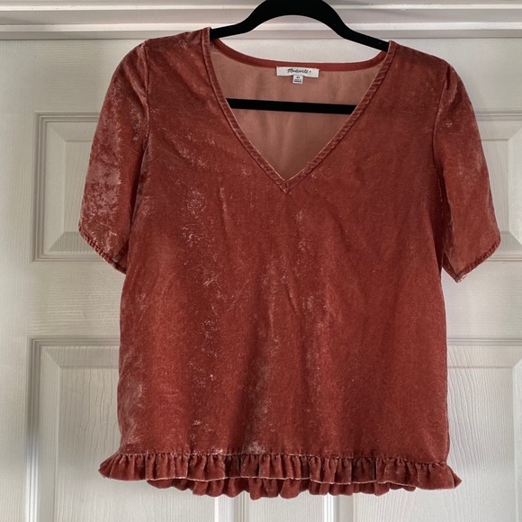 Madewell Women’s Velvet Tulip Flutter Short Sleeve Burnt Orange Ruffle Top Sz XS - Picture 4 of 7